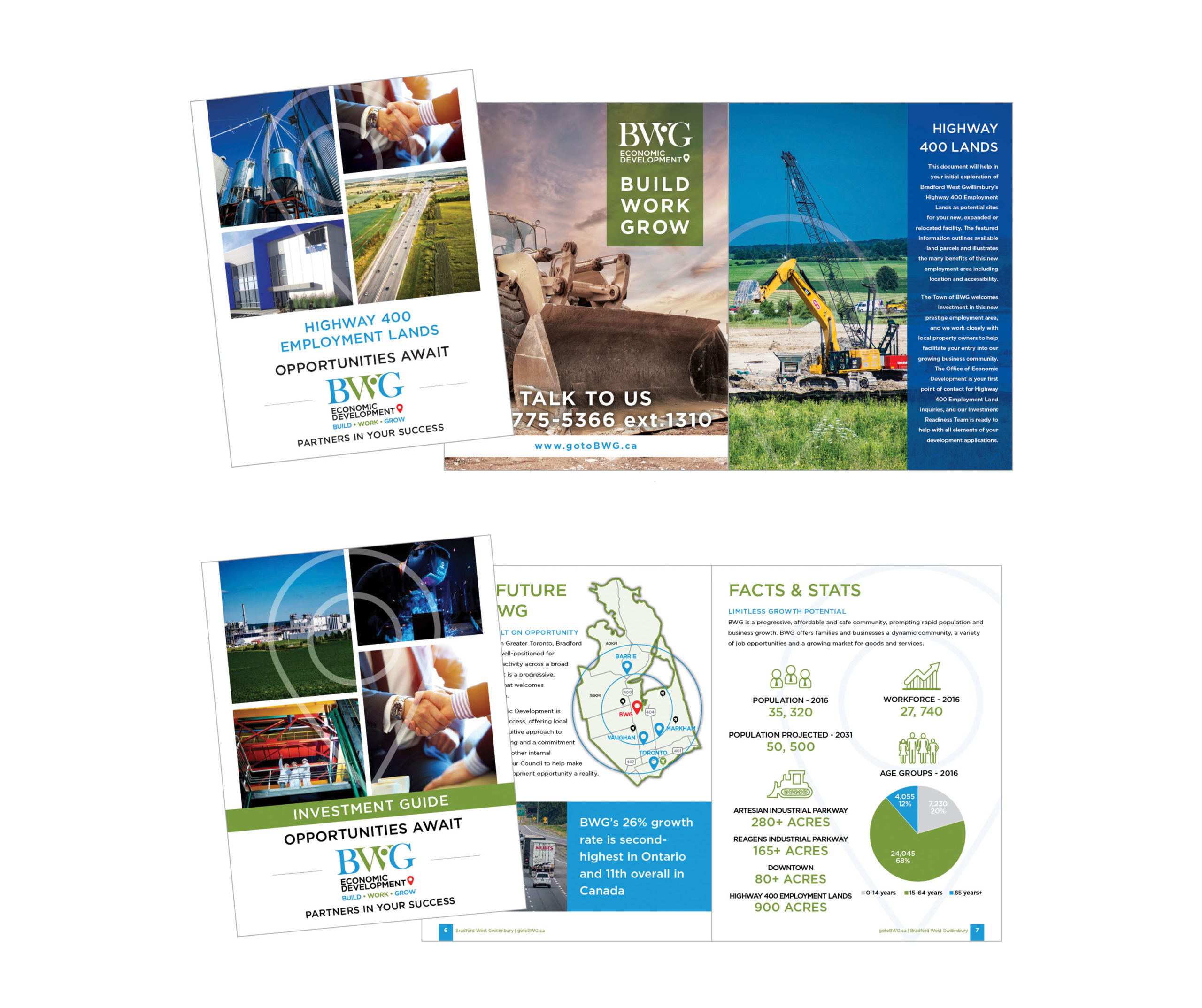 An image showing the cover and inside spread designs for two BWG promotional documents.